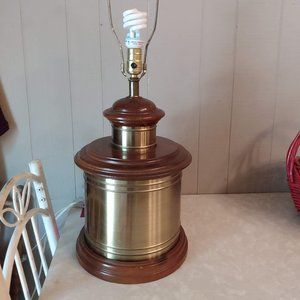 Vintage Mid Century Wood & Brass Tea Tin Canister Cylinder Lamp